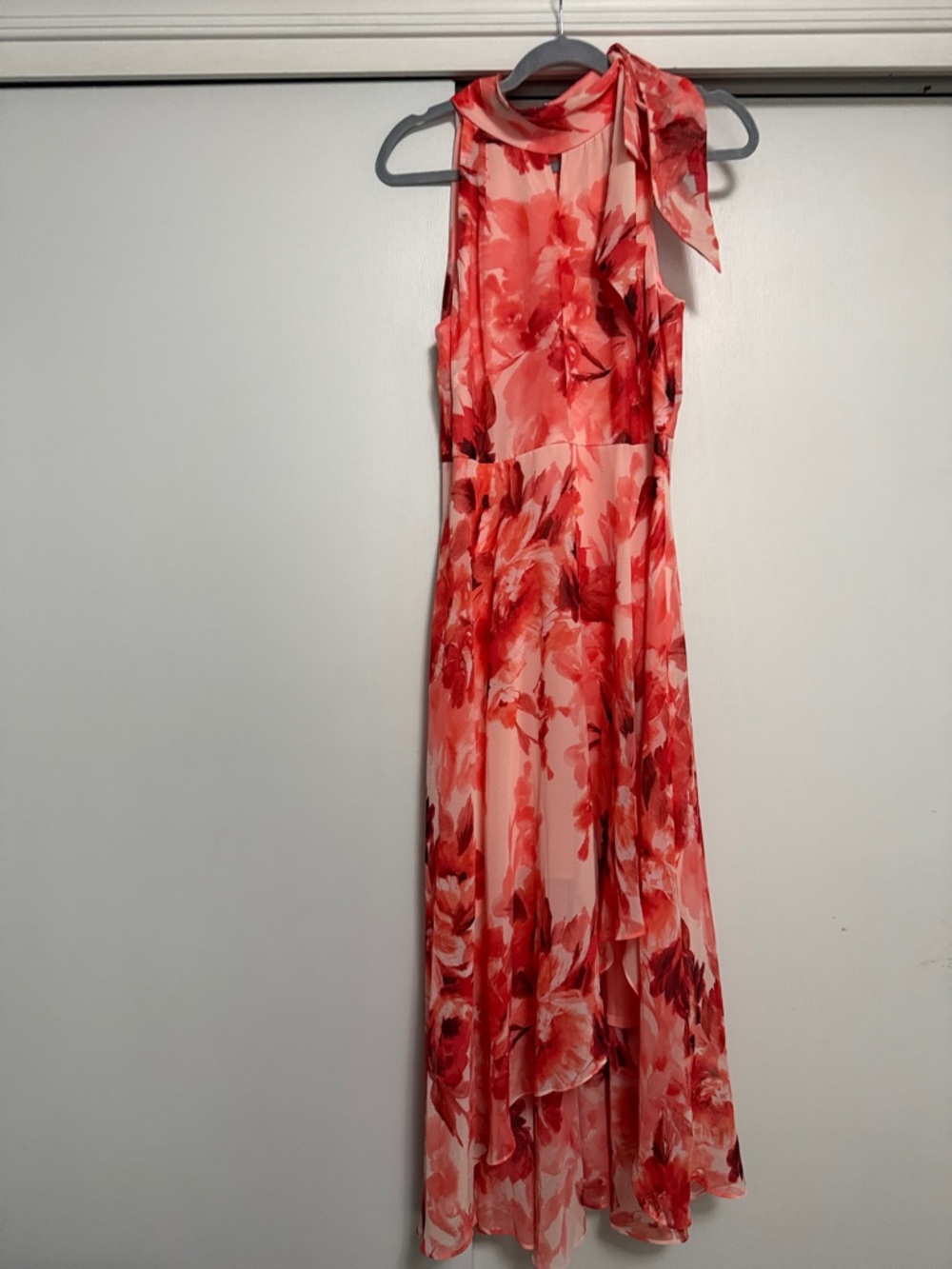 Sleeveless Red Floral Maxi Dress with Neck Tie